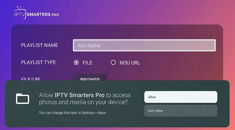 Click Allow for IPTV Smarters Pro permissions