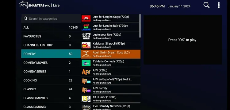 Choose a live TV channel in IPTV Smarters Pro