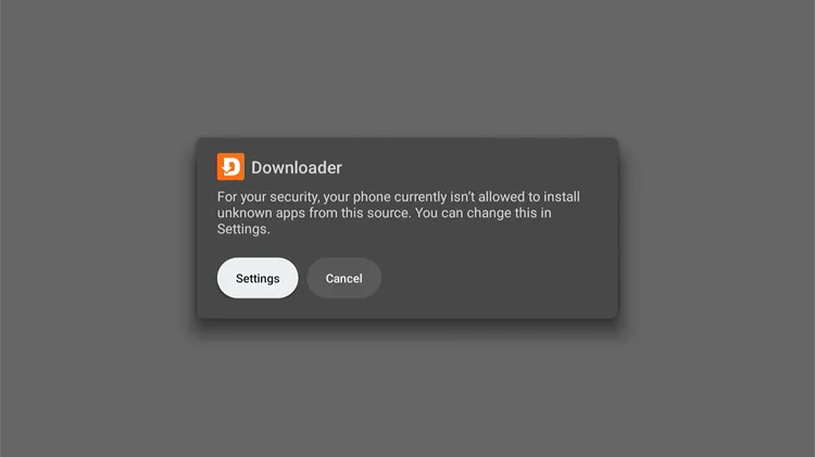 Install Unknown Apps prompt for Downloader app on Android TV