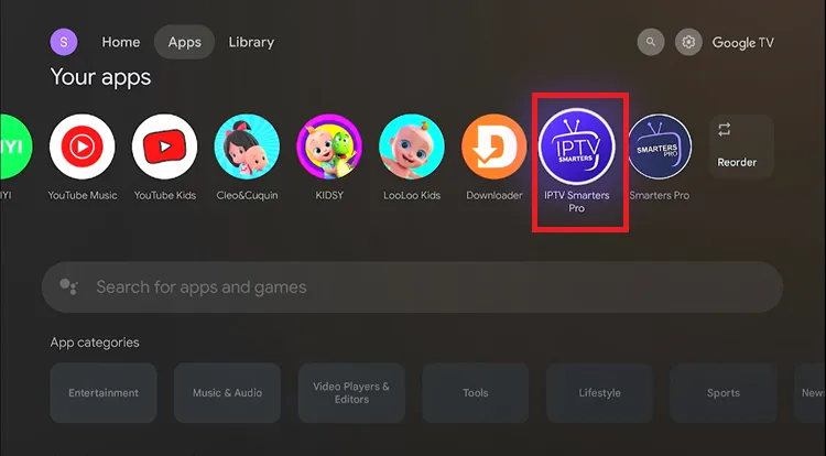 Launch IPTV Smarters Pro from apps on home screen