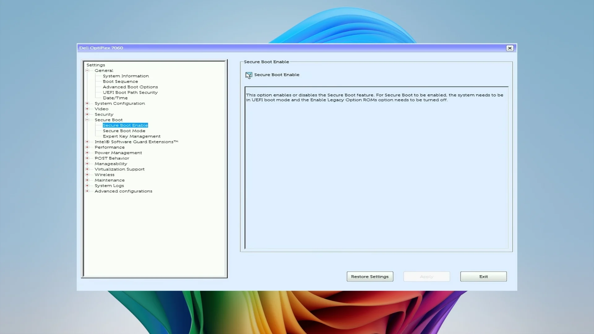 Disabling Secure Boot in the BIOS menu