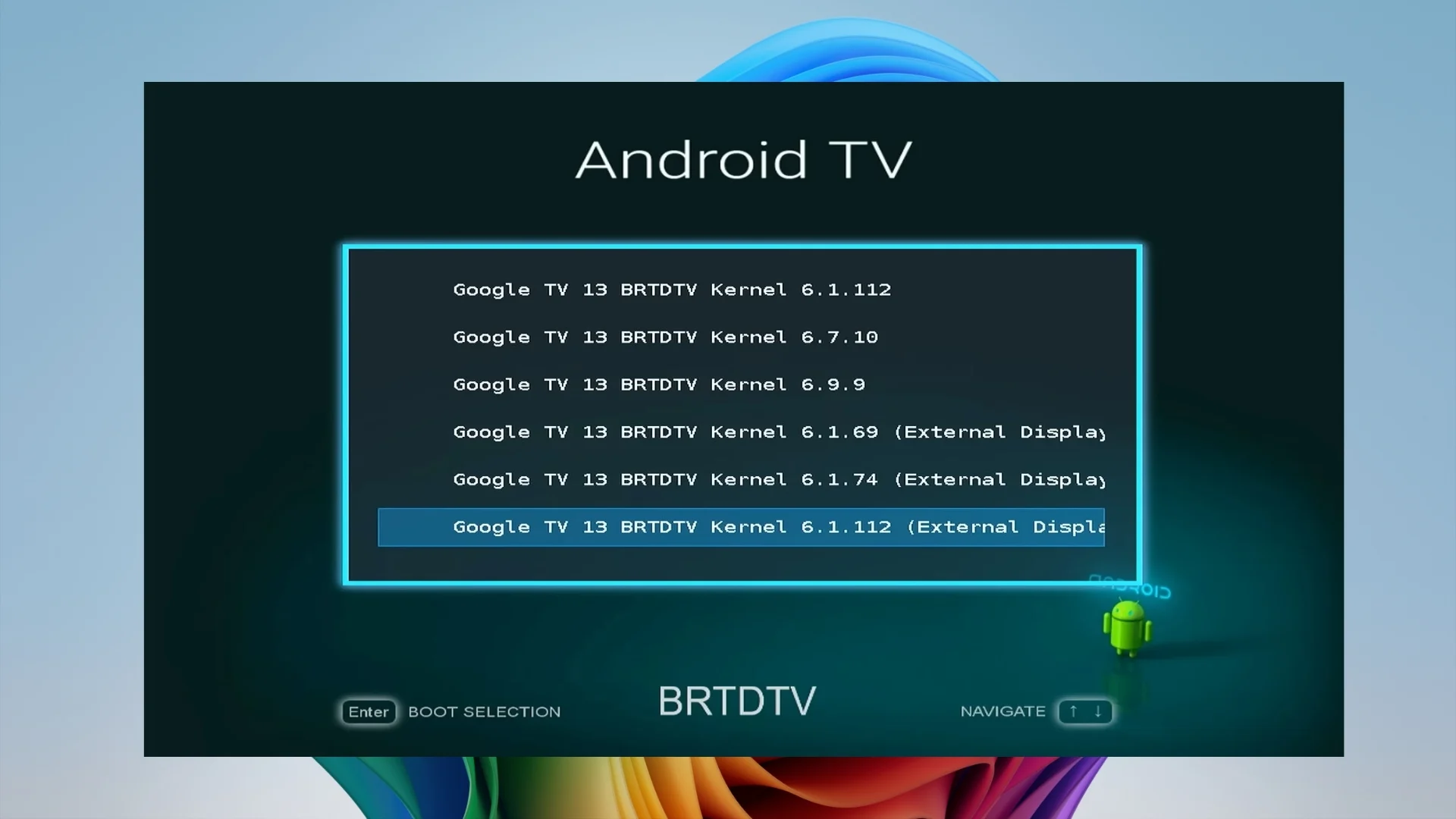 Selecting the kernel boot option for Google TV on a USB drive