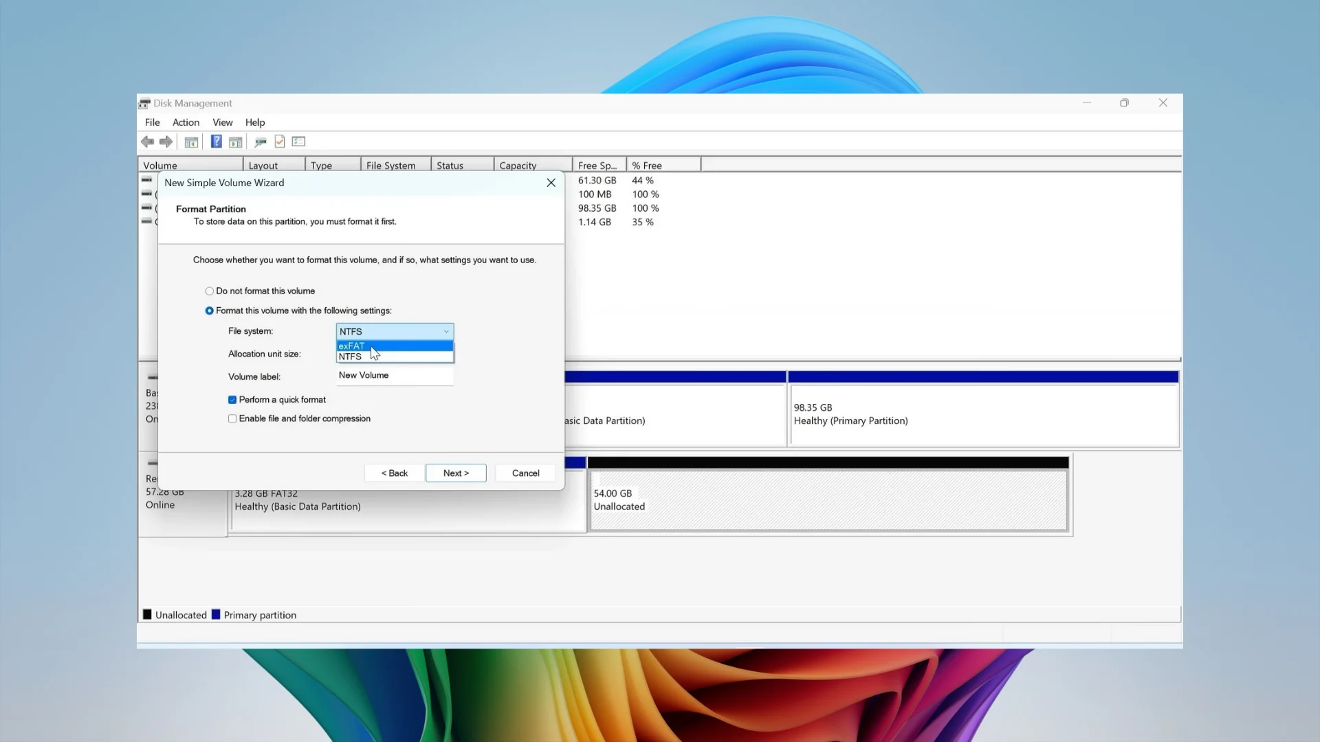 Changing the file system format to exFAT in Disk Management