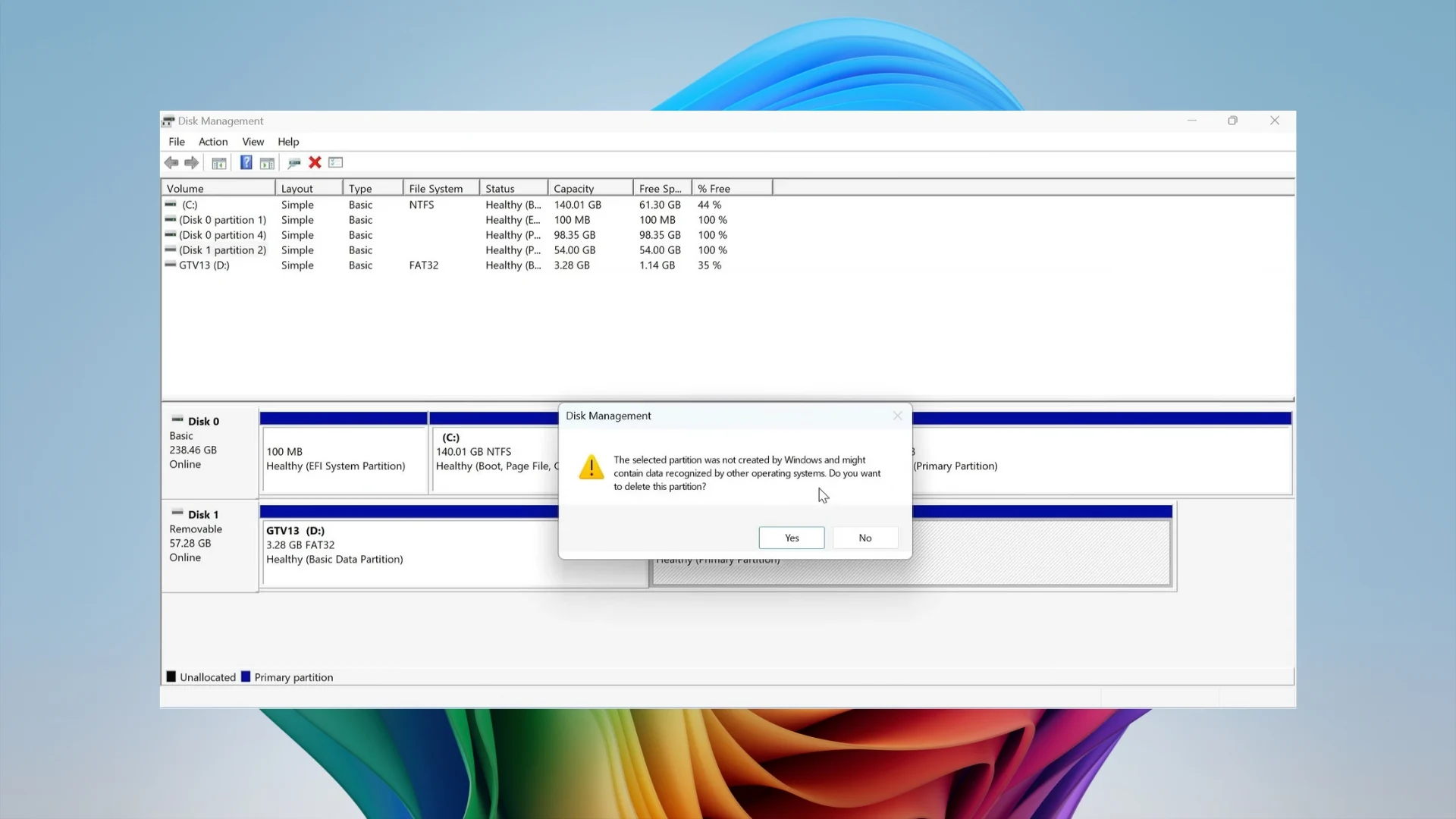 Confirming deletion of a partition in Disk Management