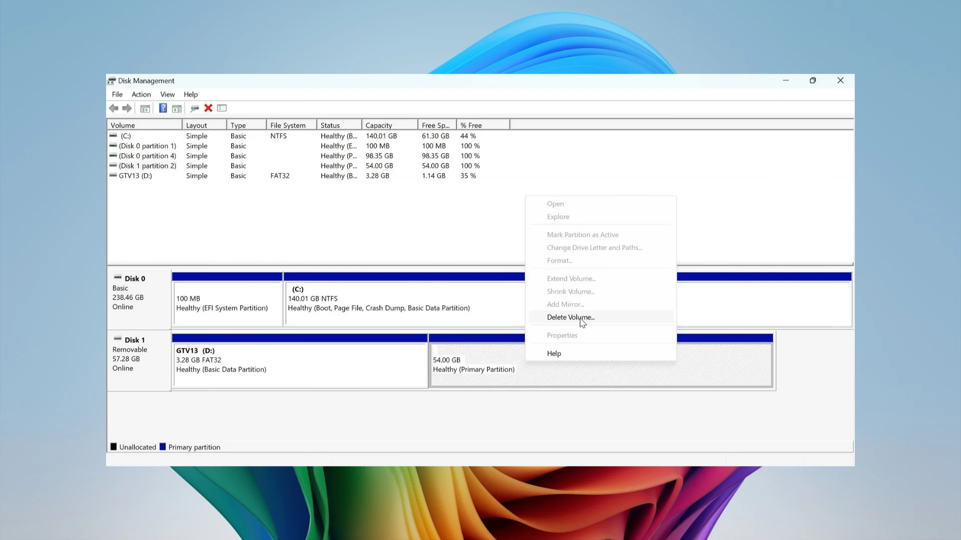 Delete Volume option in Windows Disk Management