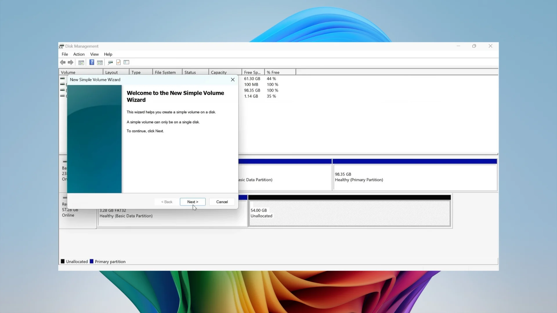 New Simple Volume Wizard in Windows Disk Management