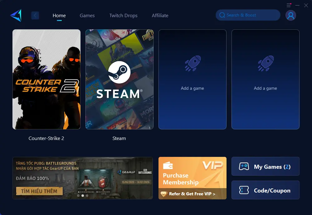 GearUP Game Booster app home screen showing Counter-Strike 2, Steam games and VIP membership panel