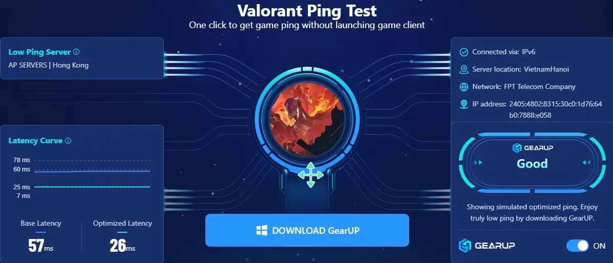 GearUP Game Booster Valorant ping test showing base latency 57ms reduced to optimized latency 26ms from Hanoi Vietnam via FPT Telecom to Hong Kong AP server