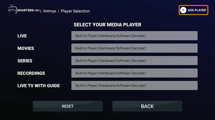 Click Add Player in IPTV Smarters Pro