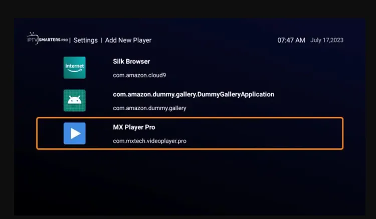 Choose MX Player as external player in IPTV Smarters Pro