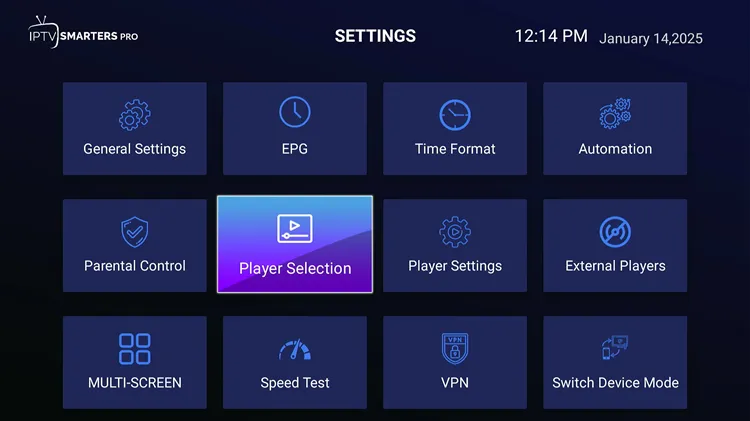 Open Player Selection in IPTV Smarters Pro settings