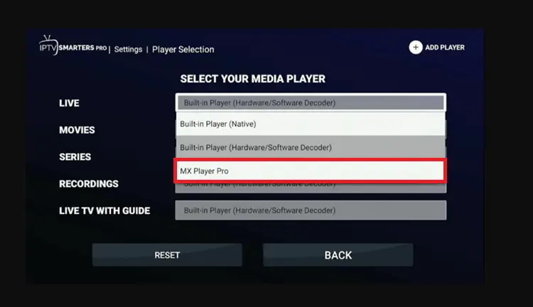 MX Player external integration complete in IPTV Smarters Pro
