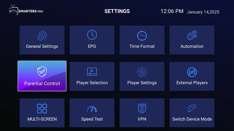 Open Parental Control in IPTV Smarters Pro settings