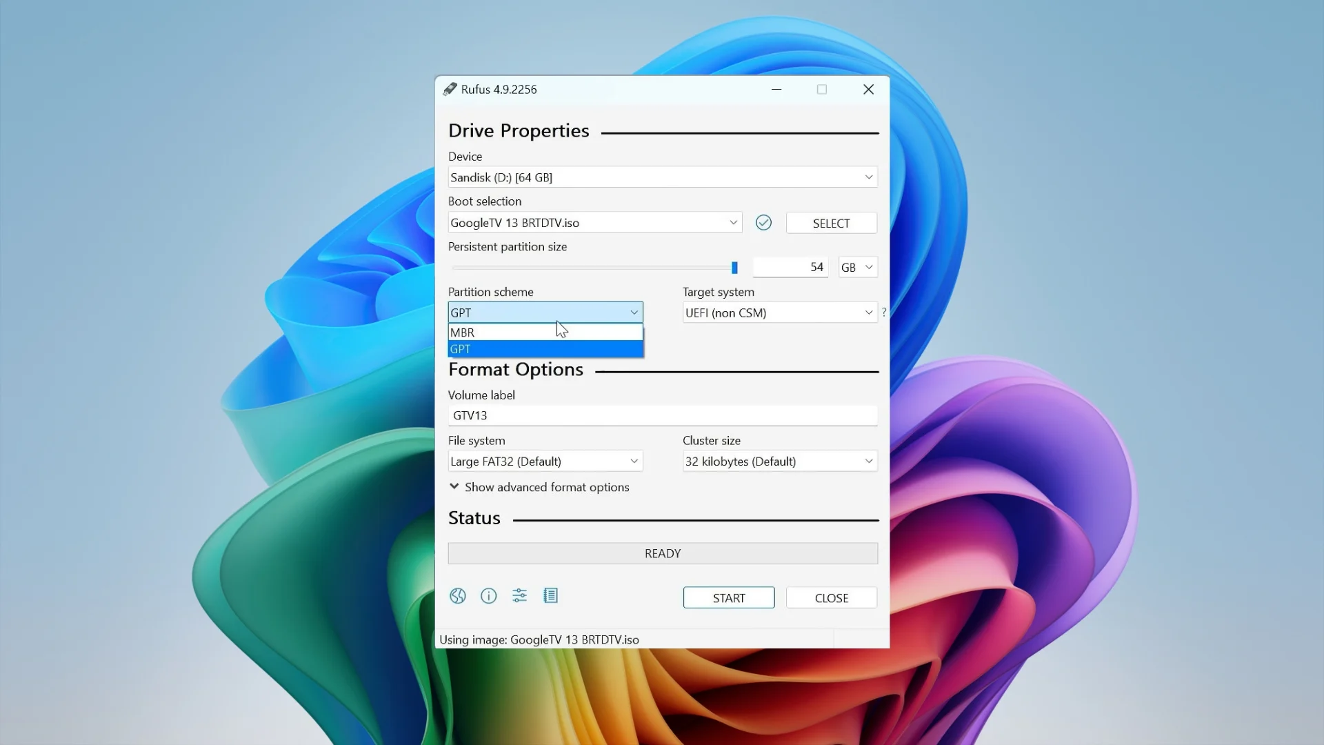 Choosing GPT or MBR partition scheme in Rufus