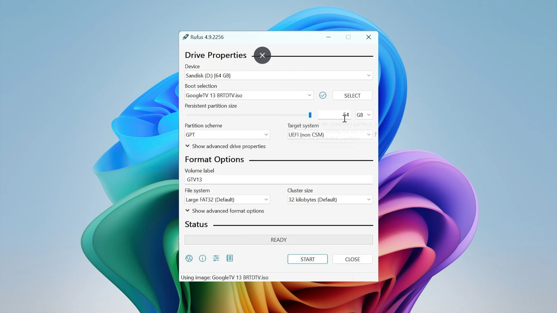 Moving the persistent partition size slider to maximum in Rufus