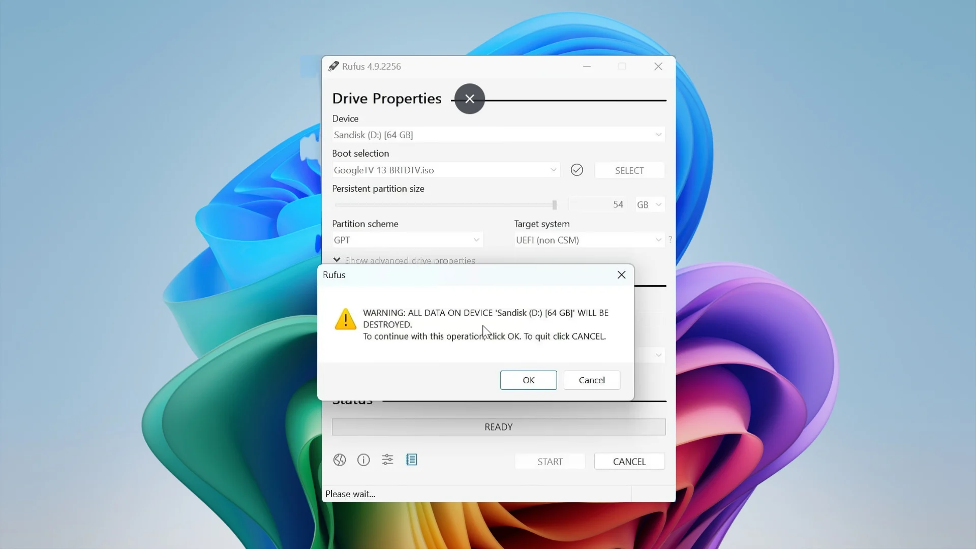 Rufus confirmation warning before erasing USB drive data