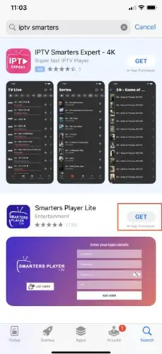 Search Smarters Player Lite on Apple App Store and click Get