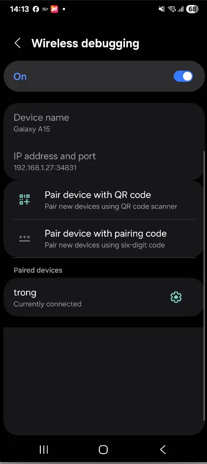 Main Wireless Debugging screen showing IP address and connect port on Android