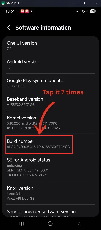 Tapping Build Number to enable Developer Options on Android