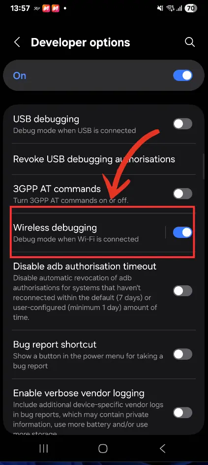 Wireless Debugging settings screen on Android